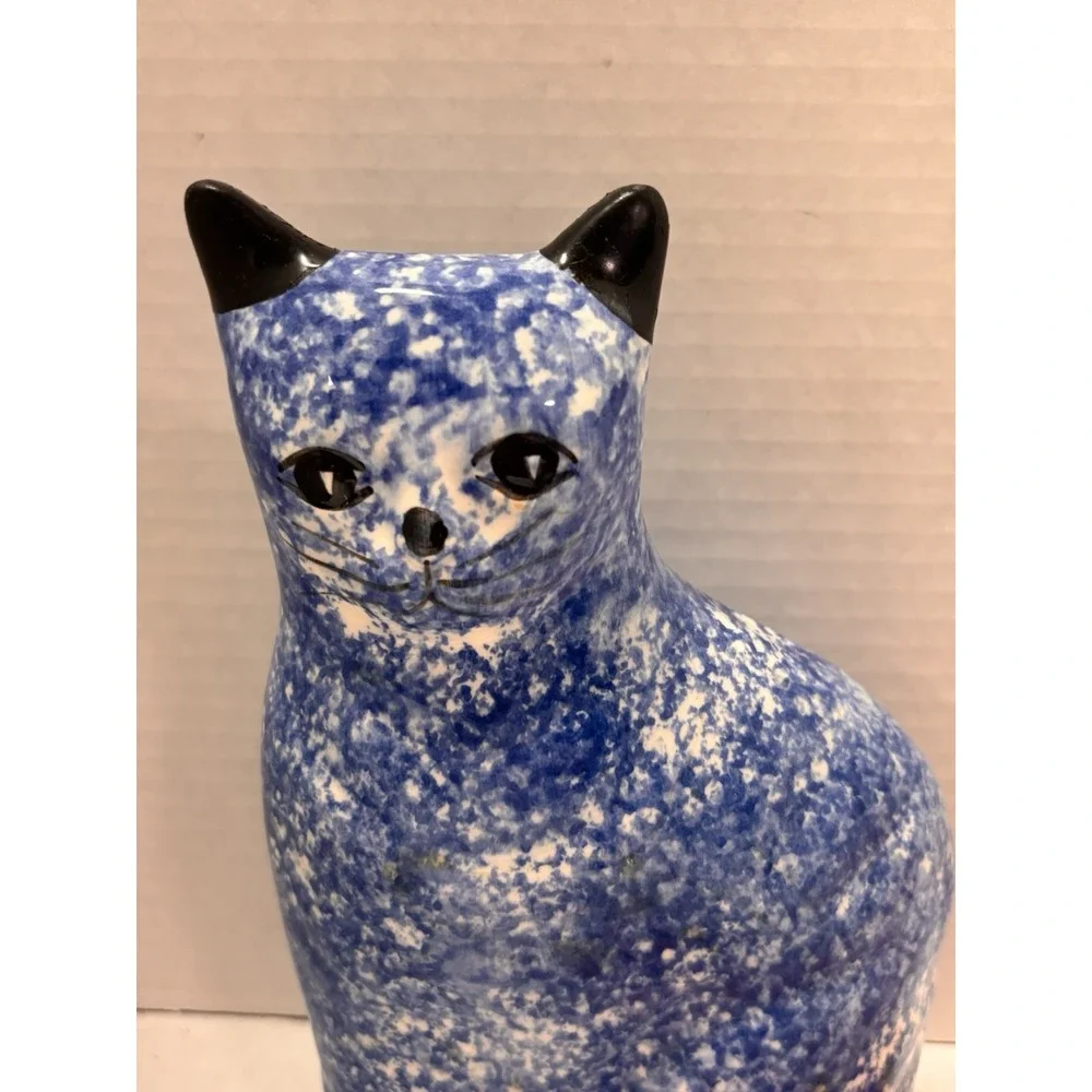Cat Kitty Vintage Sponged Painted Blue‎ and White Coin Bank 9